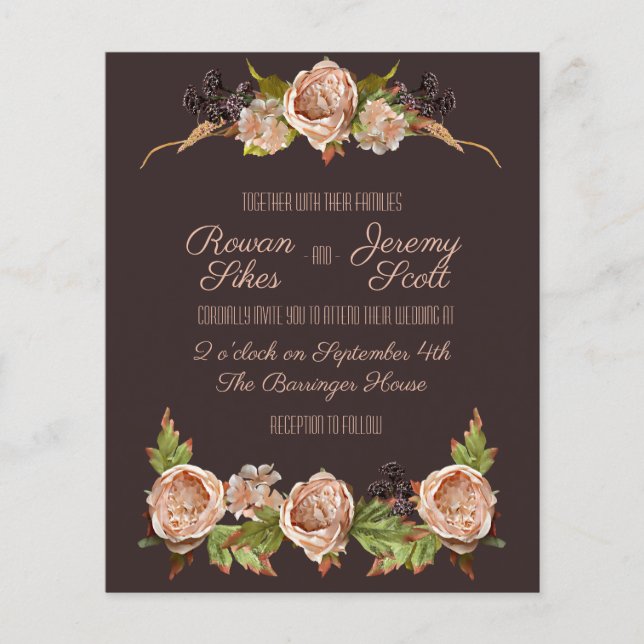 Budgetinbjudan för vintagens  Blommigt och plommon Flygblad (Framsidan)