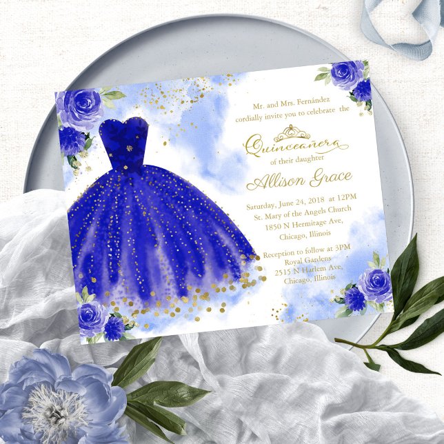 Budgetinbjudan fyra gånger Bilingual Royal Blue (Skapare uppladdad)