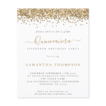 Budgetinbjudan Glam Guld Glitter Quinceañera