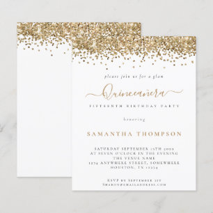 Budgetinbjudan Glam Guld Glitter Quinceañera