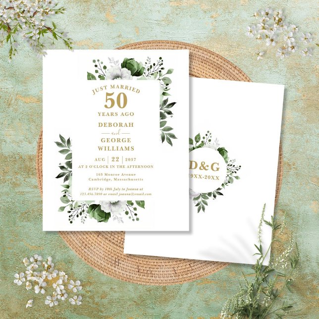 Budgetinbjudan på 50:e Bröllop-årsdagen för Blommi (Budget 50th Wedding Anniversary Floral Invitation)