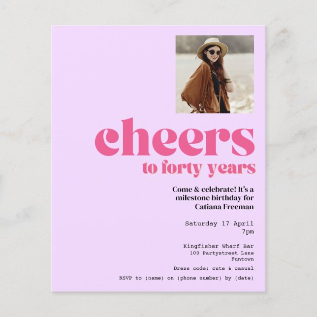 Budgetinbjudan, Retro Lila 40-årsdag Flygblad (Framsidan)