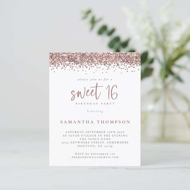 Budgetinbjudan Ro Guld Glitter Sweet 16 (Stående Fram)