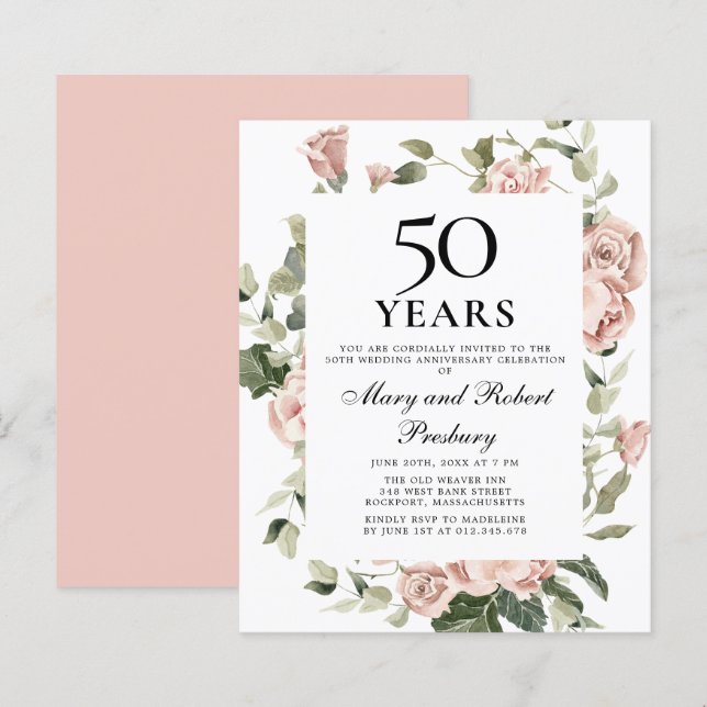 Budgetinbjudan till 50-årsjubileum Rosa Blommigt (Fram/baksida)