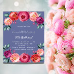 Budgetinbjudan till blommigten för födelsedagsblå<br><div class="desc">En inbjudan till elegant för en 50:e (eller någon ålder) födelsedagsfest. Med  rosa,  lila och ro guld vattenfärgade blommor,  blommigtar som dekoration. Trendigets blå bakgrund. Namn är skrivet med ett handskript i stil.</div>