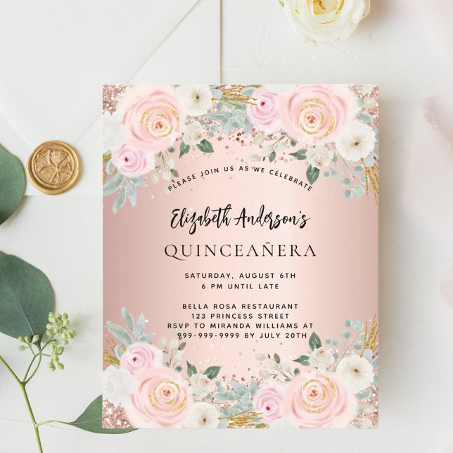 Budgetinbjudan till blommigten ro guld Quinceanera (Skapare uppladdad)