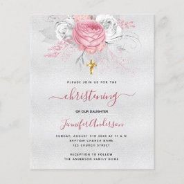 Budgetinbjudan till Christening silver rosa blommi Flygblad