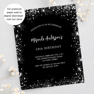 Budgetinbjudan till det svarta silver glitter flygblad