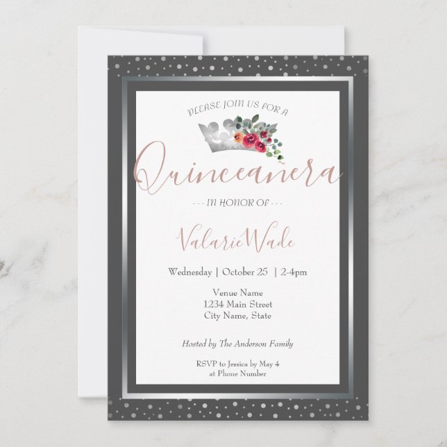 Budgetinbjudan till elegant Silver Quinceanera-bud (Framsida)