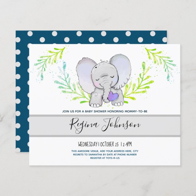 Budgetinbjudan till Elephant Baby Shower (Fram/baksida)