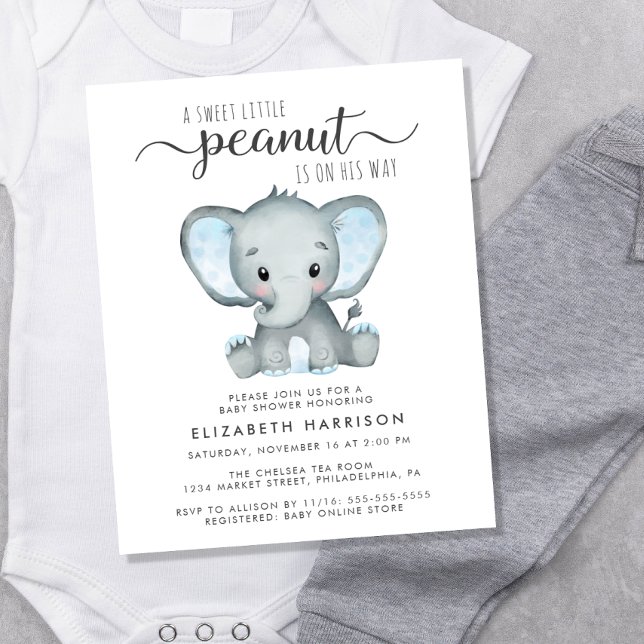 Budgetinbjudan till Elephant Blue Pojke Shower (Have the best of both worlds -an adorable baby shower invitation at an affordable price!)