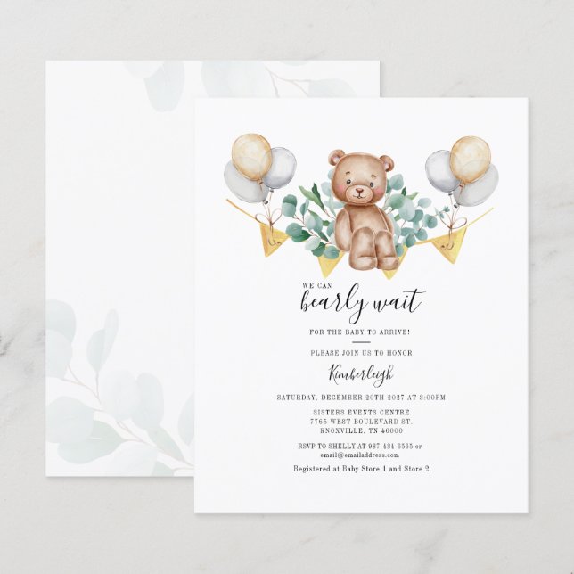 Budgetinbjudan till eukalyptus Bear Baby Shower (Fram/baksida)