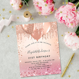 Budgetinbjudan till födelsedagsfest rosa ros guld flygblad