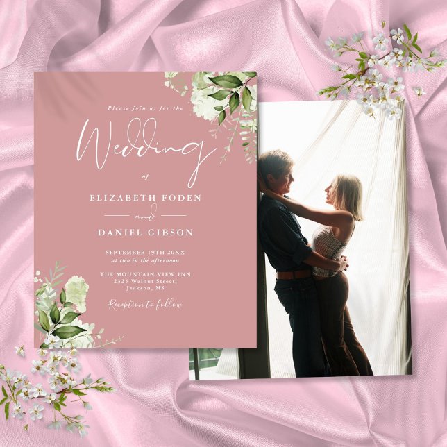 Budgetinbjudan till foto-bröllop i Dusty Ro (Budget Foliage Dusty Rose Photo Wedding Invitation)