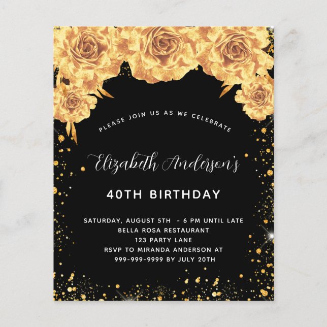 Budgetinbjudan till gnistran Black guld blommigt (Framsida)