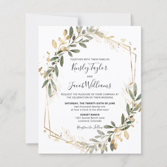 Budgetinbjudan till Grey & Guld Geometric Wedding (Framsida)
