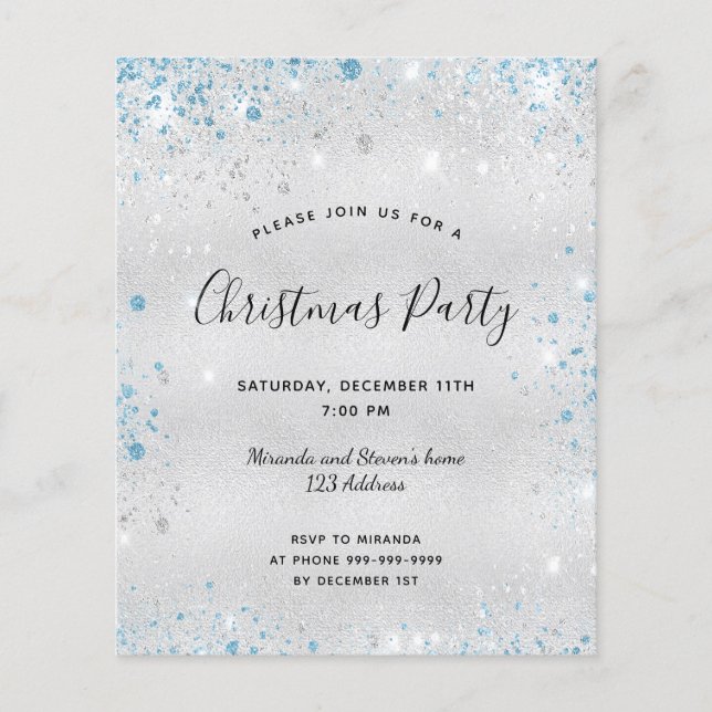 Budgetinbjudan till jul party silver glitter (Framsida)