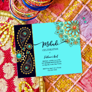 Budgetinbjudan till Mehndi Blue guld jewelry paisl