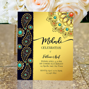 Budgetinbjudan till Mehndi Blue guld jewelry paisl