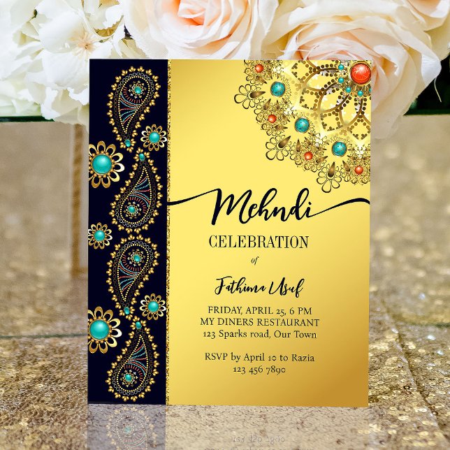 Budgetinbjudan till Mehndi Blue guld jewelry paisl (Skapare uppladdad)