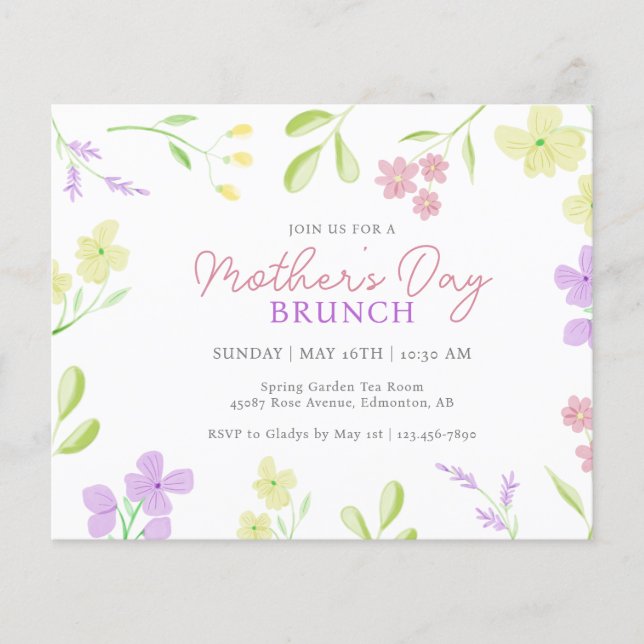 Budgetinbjudan till Mors dag Brunch Soft Blommigt (Framsida)