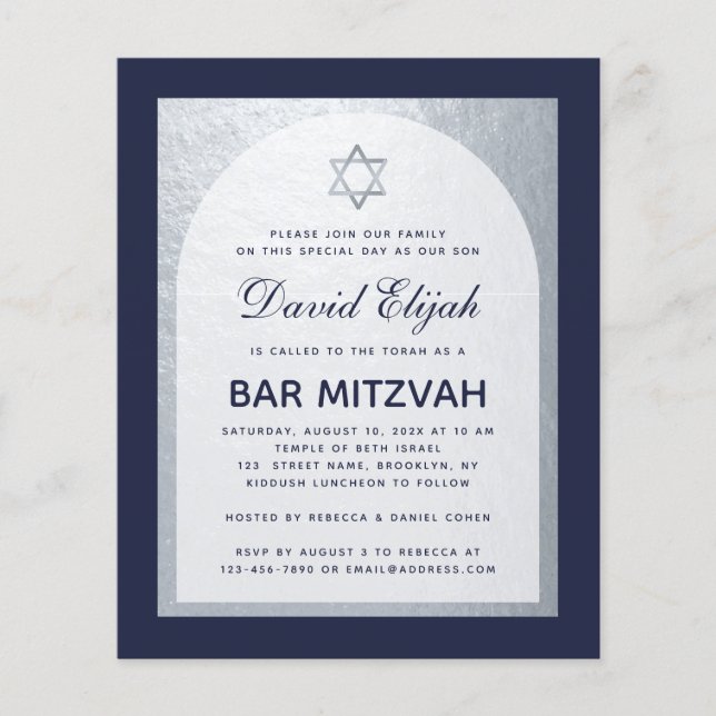Budgetinbjudan till pub Mitzvah Navy Blue Silver (Framsida)