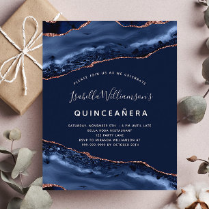 Budgetinbjudan till Quinceanera agate blue ro guld Flygblad