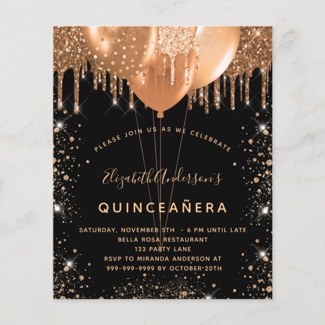 Budgetinbjudan till Quinceanera Black guld glitter (Framsida)