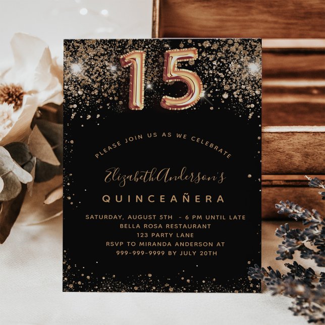 Budgetinbjudan till Quinceanera Black guld glitter Flygblad (Skapare uppladdad)