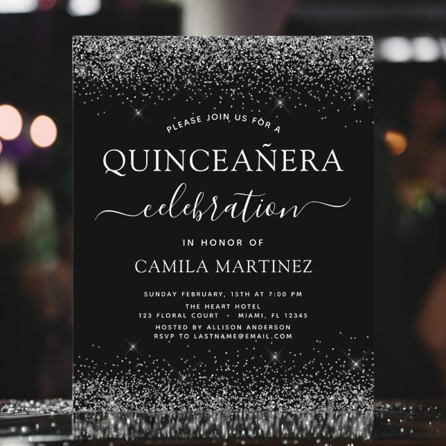 Budgetinbjudan till Quinceanera Black Silver Glitt (Skapare uppladdad)
