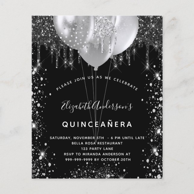 Budgetinbjudan till Quinceanera Black silver glitt Flygblad (Framsidan)