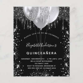 Budgetinbjudan till Quinceanera Black silver glitt Flygblad