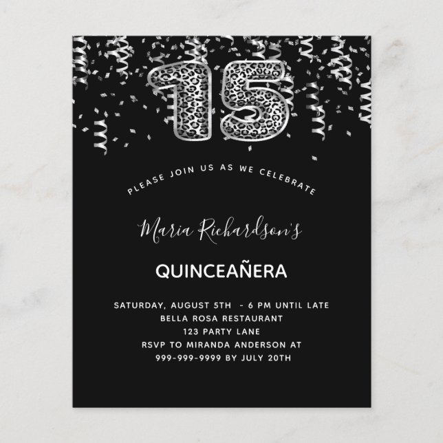 Budgetinbjudan till Quinceanera Black silver leopa (Framsida)