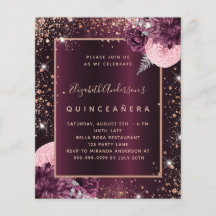Budgetinbjudan till Quinceanera burgundy ro guld
