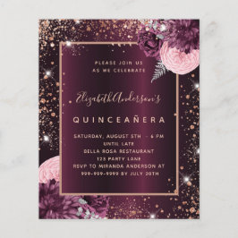 Budgetinbjudan till Quinceanera burgundy ro guld Flygblad