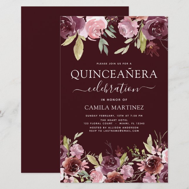 Budgetinbjudan till Quinceanera Burgundy Rosa Blom (Fram/baksida)