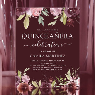 Budgetinbjudan till Quinceanera Burgundy Rosa Blom