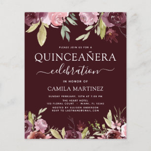 Budgetinbjudan till Quinceanera Burgundy Rosa Blom Flygblad