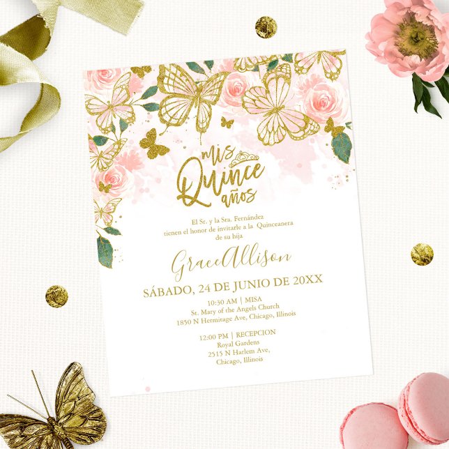 Budgetinbjudan till Quinceanera Butterfly Spanska (Skapare uppladdad)