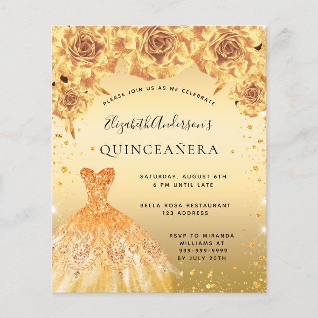 Budgetinbjudan till Quinceanera guld blommigt- Flygblad (Framsidan)