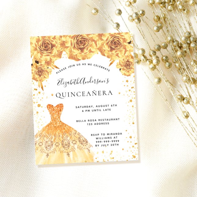 Budgetinbjudan till Quinceanera guld blommigt- Flygblad (Skapare uppladdad)