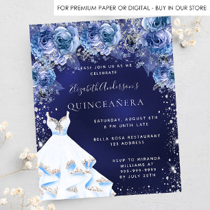 Budgetinbjudan till Quinceanera-marin blå klänning Flygblad
