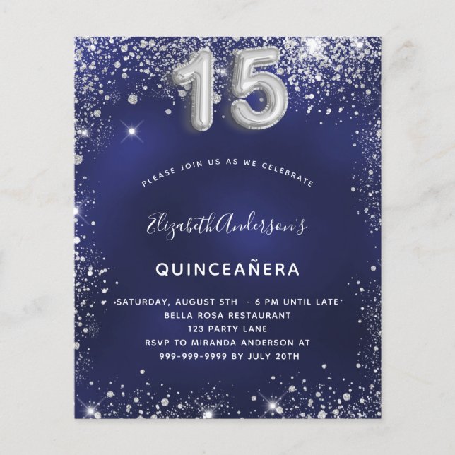 Budgetinbjudan till Quinceanera Navy Blue silver Flygblad (Framsidan)