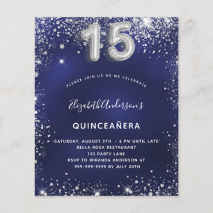 Budgetinbjudan till Quinceanera Navy Blue silver Flygblad