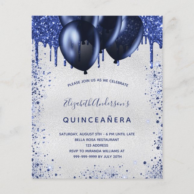 Budgetinbjudan till Quinceanera Navy Blue silver Flygblad (Framsidan)