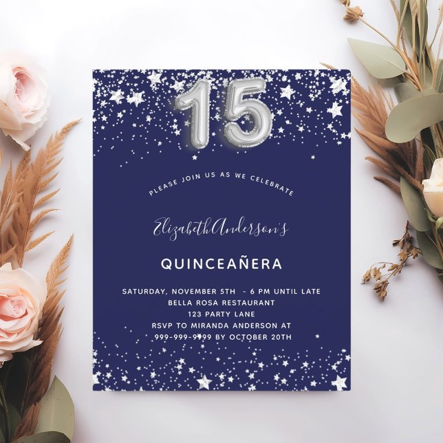 Budgetinbjudan till Quinceanera Navy Blue silver Flygblad (Skapare uppladdad)