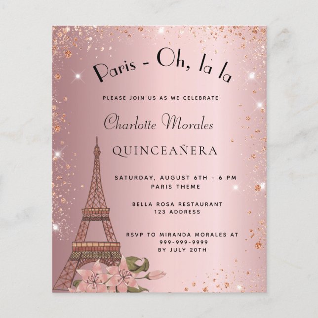 Budgetinbjudan till Quinceanera Paris  rosa (Framsida)