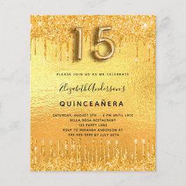Budgetinbjudan till Quinceanera party guld glitter