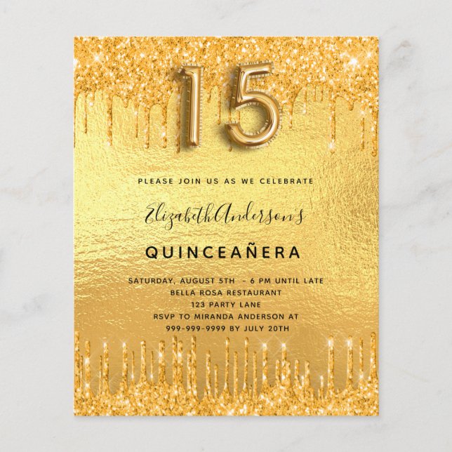 Budgetinbjudan till Quinceanera party guld glitter (Framsida)