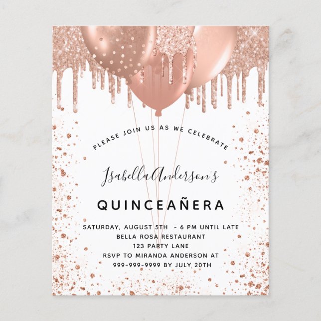 Budgetinbjudan till Quinceanera ro guld glitter (Framsida)